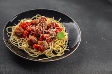 meatballs spaghetti tomato sauce gourmet meat fresh meal food snack on the table copy space foodbackground rustic top view