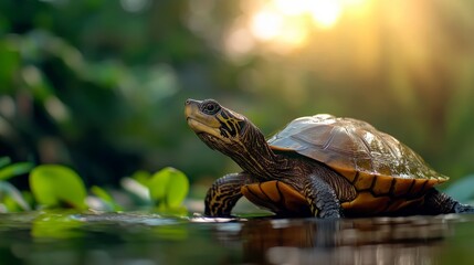 Yangtze Giant Softshell Turtle Emerging from Water, Wet Shell Glistening in Sunlight, Serene River and Lush Greenery Backdrop, Depicting Threatened Species