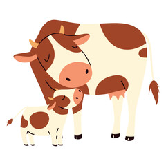 Flat vector illustration. Cute cow with calf, white background. Motherly love . Vector illustration