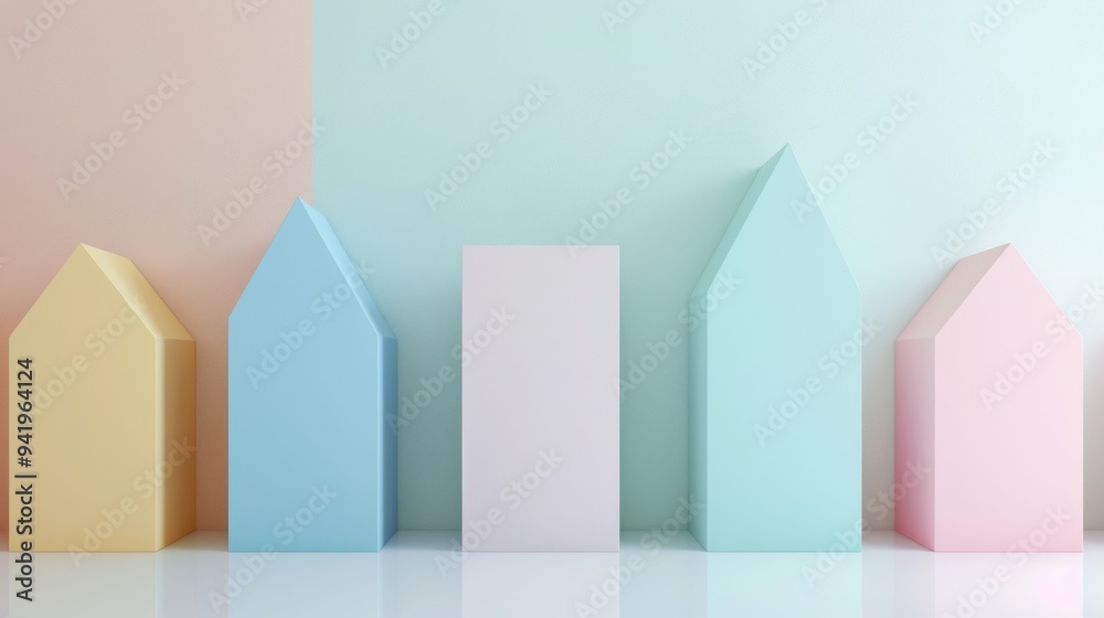 Poster Five Colorful Geometric Shapes on White Background - Empty Minimal Design for Creativity and Simplicity