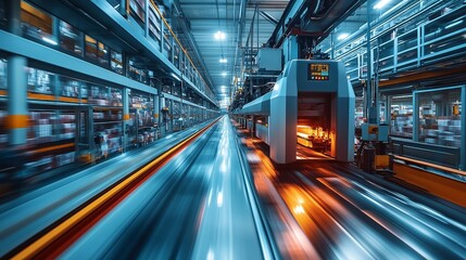 A conveyor belt with a long exposure effect in a printing house, capturing the motion of paper sheets moving through the production process.