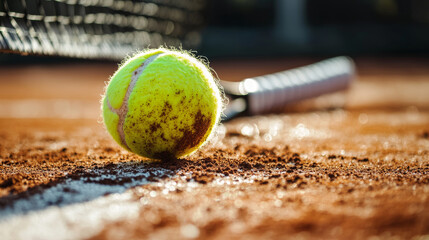 Tennis Ball and Racket on Clay Court