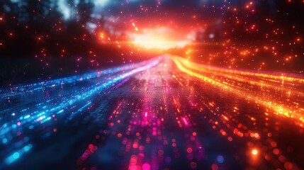 Obraz premium Dynamic Neon Wonderland, a vibrant showcase of futuristic LED lights illuminating a mystical space with colorful rays and sparkling holograms, creating a stylish fantasy atmosphere.