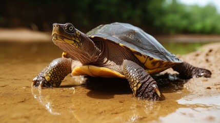 Obraz premium Critically Endangered Yangtze Turtle Moving Through Sandy Riverbed, Detailed View of Head and Flippers, Essential for Biodiversity Preservation