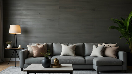 Gray sofa with pillows in a modern living room featuring stylish wallpaper decor.
