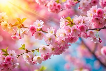 Naklejka premium Banner with sakura branches on the background of sun rays