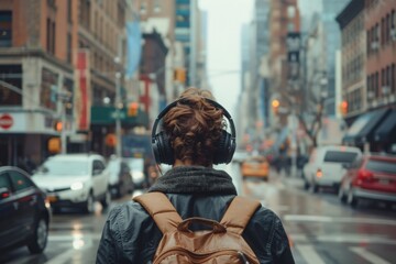A lone individual walks down a city street wearing headphones, lost in their own world