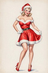 Christmas card with cute pin up dressed in Santa Claus costume