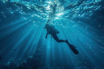 A scuba diver explores a deep, blue underwater environment, with sunlight filtering through the water above