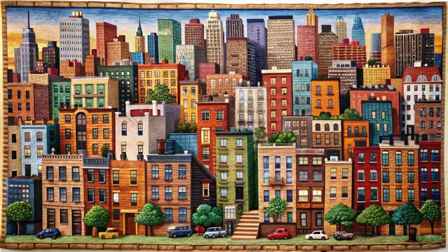Urban Apartheid Tapestry: Detailed cityscape with vibrant colors and intricate textures that reflect the complexities of racial segregation.