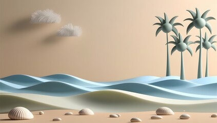 3d papercut palm tree silhouette on sandy beach under vibrant sunset sky