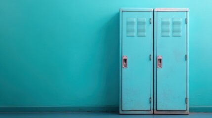 An image featuring two aged teal lockers standing side by side against a turquoise wall, capturing a vintage feel and a sense of nostalgia and simplicity.