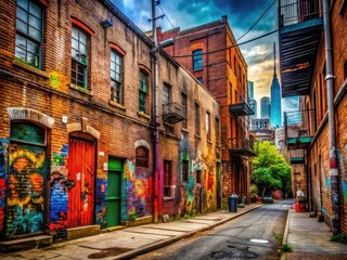 Naklejka premium Urban Authenticity: Exposed brick, graffiti, raw urban environments