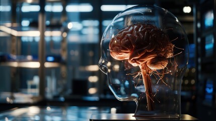 Artificial intelligence is growing up in server room with glass head protecting brain