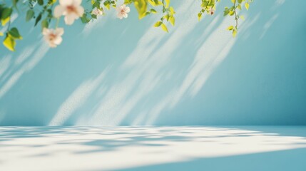 Tranquil Pastel Blue Garden Surface with Gentle Light Beams and Serene Flower Shadows - Wide Low-Angle View in Soft Morning Light
