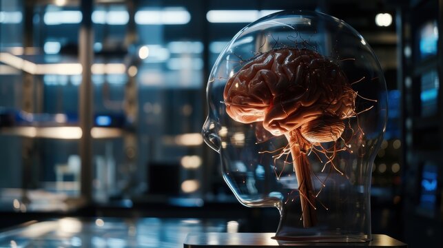 Artificial intelligence is growing up in server room with glass head protecting brain