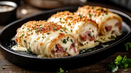 A close-up of three delicious chicken roll-ups topped with melted cheese and herbs, presented on a black plate. The dish appears savory and appetizing, ready to be enjoyed.