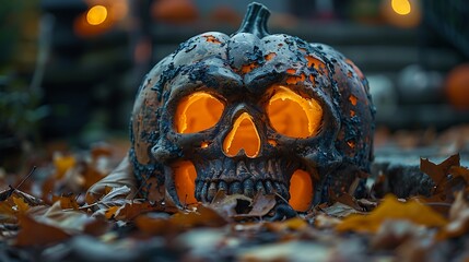 A close-up of a carved Skull Lantern illuminated from within, set on a dark porch surrounded by fallen autumn leaves, creating a spooky yet inviting Halloween ambiance 