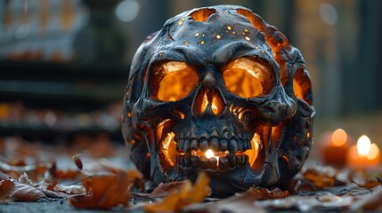 Fototapeta premium A close-up of a carved Skull Lantern illuminated from within, set on a dark porch surrounded by fallen autumn leaves, creating a spooky yet inviting Halloween ambiance 
