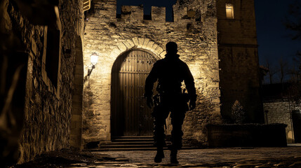 Silhouette of a Man Standing in Front of an Old Gate