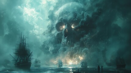 An artistic illustration of Skull and Bones framed by ghostly figures in the background 