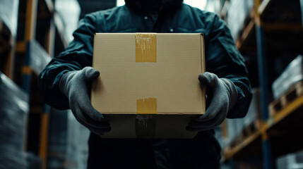 Worker Holding a Box in a Warehouse