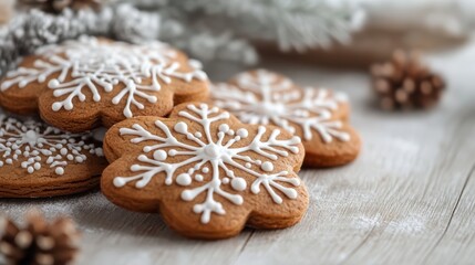 Delicious gingerbread cookies decorated with intricate snowflake-shaped icing sit elegantly on a wooden surface, showcasing holiday cheer, craftsmanship, and festive charm.