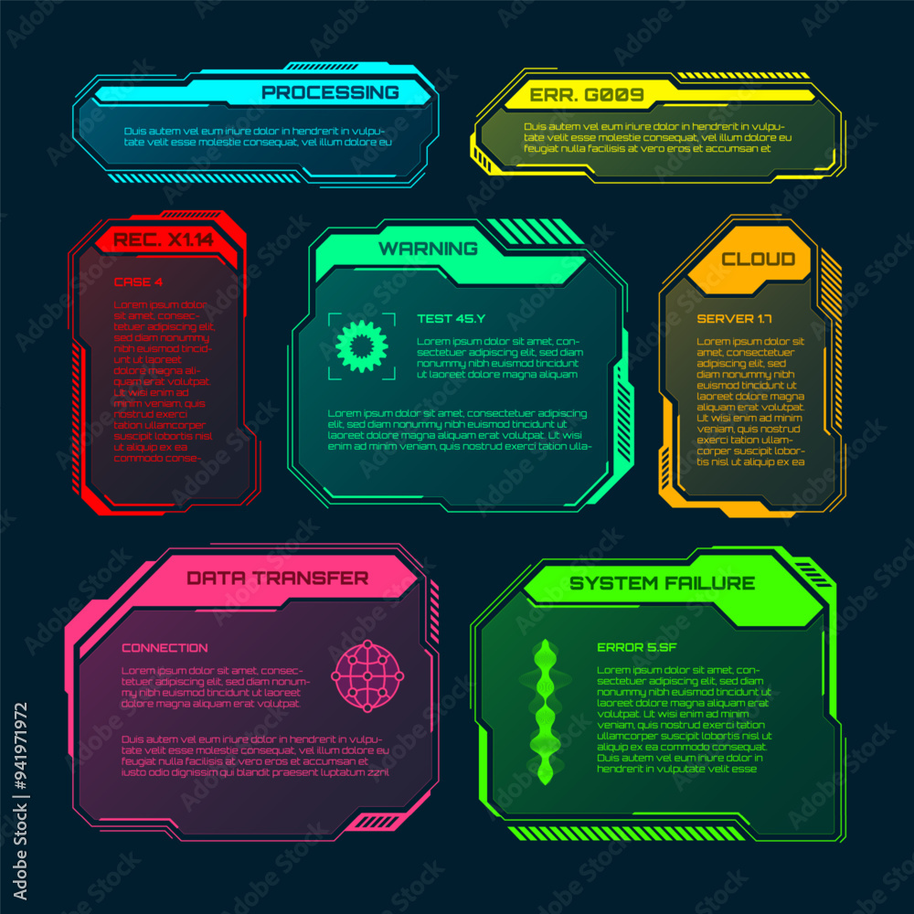 Poster Futuristic HUD or UI elements. Sci-fi user interface text boxes, callouts. Colorful warning message frame, information boxes template. Modern game interface layout, digital style. Vector illustration