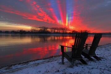 Fototapeta premium Colorful sunset reflecting on water with two chairs by the shoreline in winter