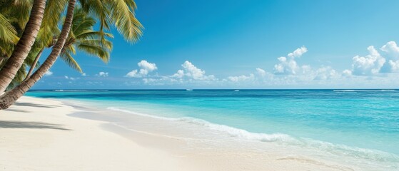 Naklejka premium Tranquil tropical beach with serene water, palm trees, and clear skies, perfect for relaxation and vacation imagery.