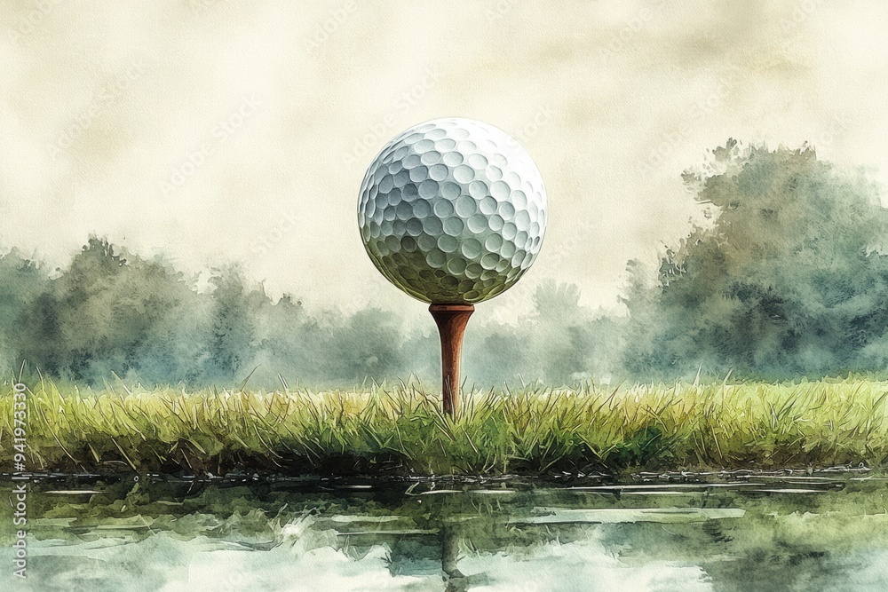 Wall mural Watercolor Golf Ball on Tee with Elegant Brushstrokes