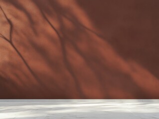 Minimalistic Outdoor Setting with Dark Red Concrete Wall, Subtle Tree Shadows, and White Marble Floor in Soft Natural Light