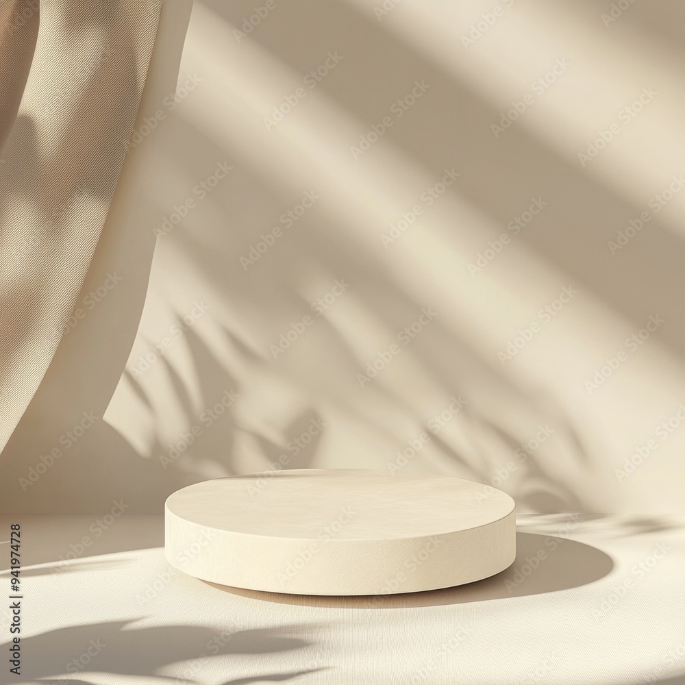 Aufkleber minimalist mockup with soft cream round podium on monochromatic background in natural diffused light
