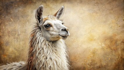Obraz premium Intricately etched illustration of a regal llama with soft fur and gentle eyes, set against a subtle textured background with subtle hints of Andean culture.
