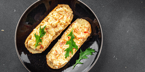smorrebrod salad spread surimi and crab sticks, mayonnaise fresh meal food snack on the table copy space food background rustic top view
