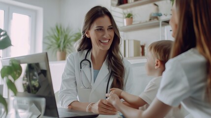 Obraz premium Within a clinic setting, a compassionate female doctor is conducting a consultation with a mother and her child. The environment exudes professionalism and warmth, emphasizing patient care and trust