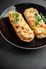 smorrebrod salad spread surimi and crab sticks, mayonnaise fresh meal food snack on the table copy space food background rustic top view