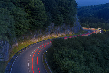 Car on the road at night. Mountain road in Lekunberri, Navarre