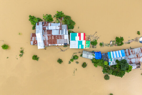 Aerial view of flood affected villages in Eastern Bangladesh. Flood in Eastern Bangladesh. waterlogging in Bangladesh. 