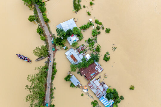 Aerial view of flood affected villages in Eastern Bangladesh. Flood in Eastern Bangladesh. waterlogging in Bangladesh. 