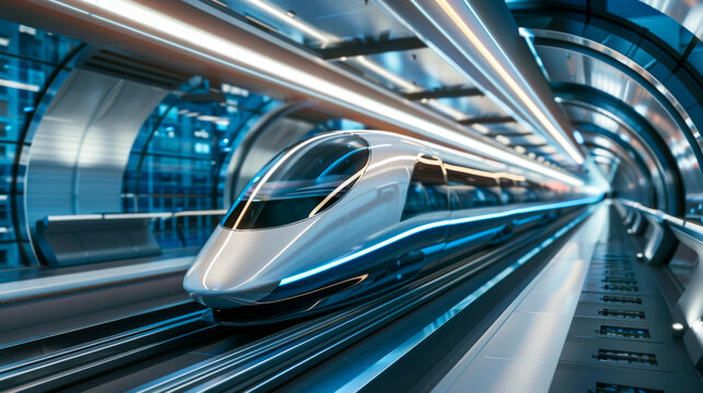 Futuristic hyperloop station in urban environment. Sleek hyperloop train in a futuristic station, representing cutting-edge transportation technology in a modern urban environment.