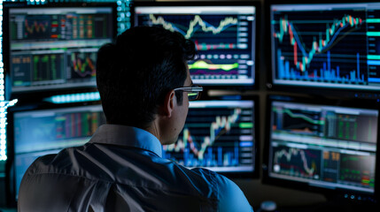 Stock Trader Analyzing Market Data. A stock trader intensely analyzing multiple monitors displaying market data and financial graphs. The image captures the focus and intensity of financial trading.