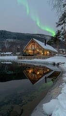 Fototapeta premium Northern lights reflect on a snowy cabin by the lake in winter at twilight in a tranquil setting