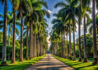 Obraz premium Verdant Canopy: Towering royal palms create a verdant canopy overhead, casting dappled light onto the driveway.
