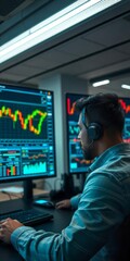 A Professional Trader Analyzing Stock Market Trends in a High-Tech Workspace