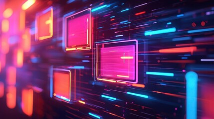 Vibrant abstract digital background with glowing rectangles and lines, creating a futuristic technology space