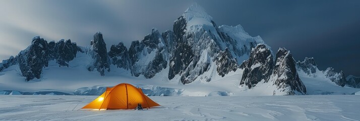 Tent illuminated against a dramatic mountain backdrop during a winter camping expedition