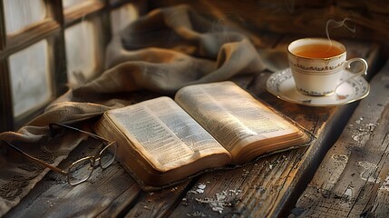 A detailed depiction of a Bible resting on a rustic wooden table, with a cup of tea and reading glasses beside it, creating a peaceful, contemplative scene
