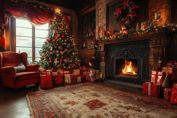 Fototapeta premium Cozy Christmas Living Room with Decorated Tree, Fireplace, and Gifts 