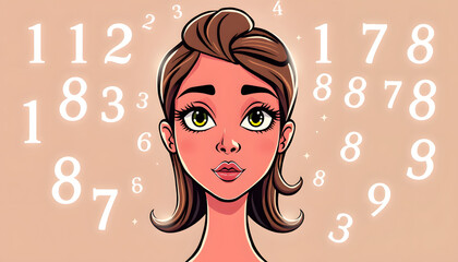 Female face and numbers, numerology isolated with white highlights, png